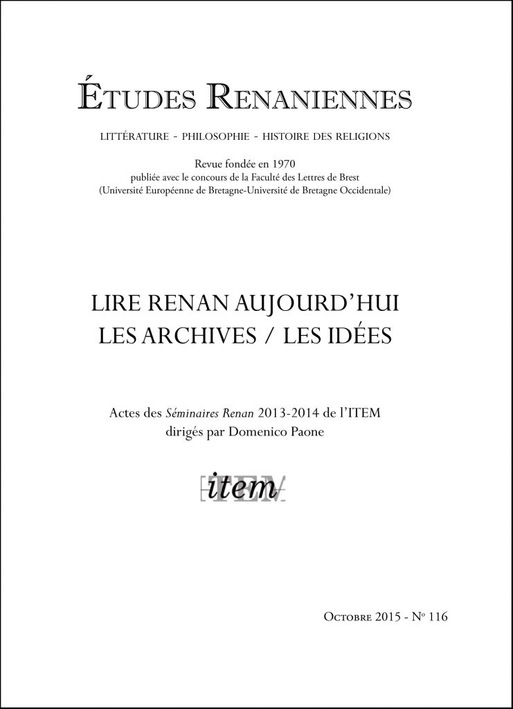 Études Renaniennes n° 116 (oct. 2015) sous la direction de Domenico Paone