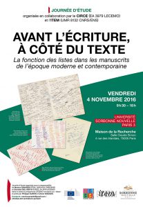 Avant l’écriture, à côté du texte : la fonction des listes dans les manuscrits de l’époque moderne et contemporaine