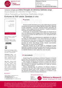 Ecritures du XXIe siècle. Genèses in vivo, Sous la direction de Claudia Amigo Pino, Irène Fenoglio, Verónica Galíndez Jorge