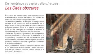 Du numérique au papier : allers/retours. Les Cités obscures