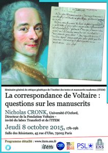 Nicholas Cronk (Université d’Oxford): « La correspondance de Voltaire : questions sur les manuscrits »