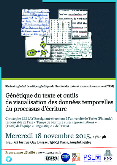 Séminaire général de critique génétique / Christophe LEBLAY : Génétique du texte et outils de visualisation des données temporelles du processus d’écriture