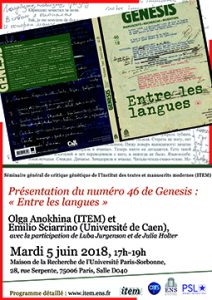 Olga Anokhina (ITEM) et Emilio Sciarrino (Université de Caen), Présentation du numéro 46 de Genesis : « Entre les langues »