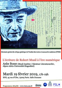 Anke Bosse (Musil-Institut / Kärntner Literaturarchiv, Alpen-Adria-Universität Klagenfurt) : « L’écriture de Robert Musil à l’ère numérique »