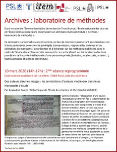 Amandine Postec (Bibliothèque de l’ENC), Christian Förstel (BNF): Des auteurs dans les marges : les annotations d’auteurs médiévaux dans leurs manuscrits d’étude