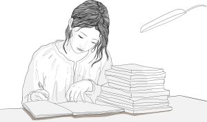 Dessin représentant une femme en train d'écrire à côté d'une pile de feuilles
